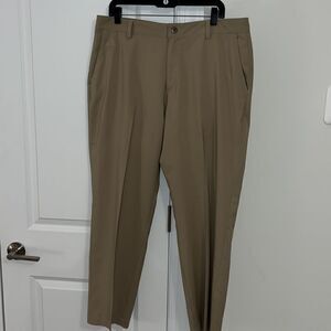 Tan Beige Adidas 3 Stripe Climalite Flat front poly Golf Trousers Pants 36 x 30